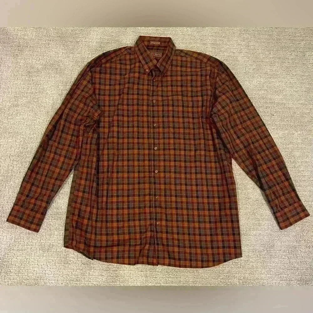 Cotton Works long sleeve dress shirt‎ size XLT neck 17-17.5 color Brown Plaid